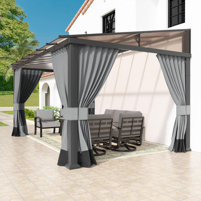 10' x 14' Hardtop Gazebo for Patio,Gazebo Pergola with Sloping Polycarbonate Pitched Roof,Durable Aluminum Frame & Netting Curtain,Large Wall-Mounted Heavy Duty Awnings for Patio,Decks,Backyard,Grey