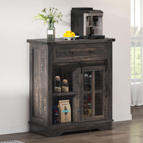 DWVO Farmhouse Coffee Bar Cabinet, 32” Sideboard Buffet Cabinet with Drawer & Adjustable Storage Shelves, Storage Cabinet with Sliding Barn Door for Kitchen and Living Room, Dark Rustic Oak DWVO