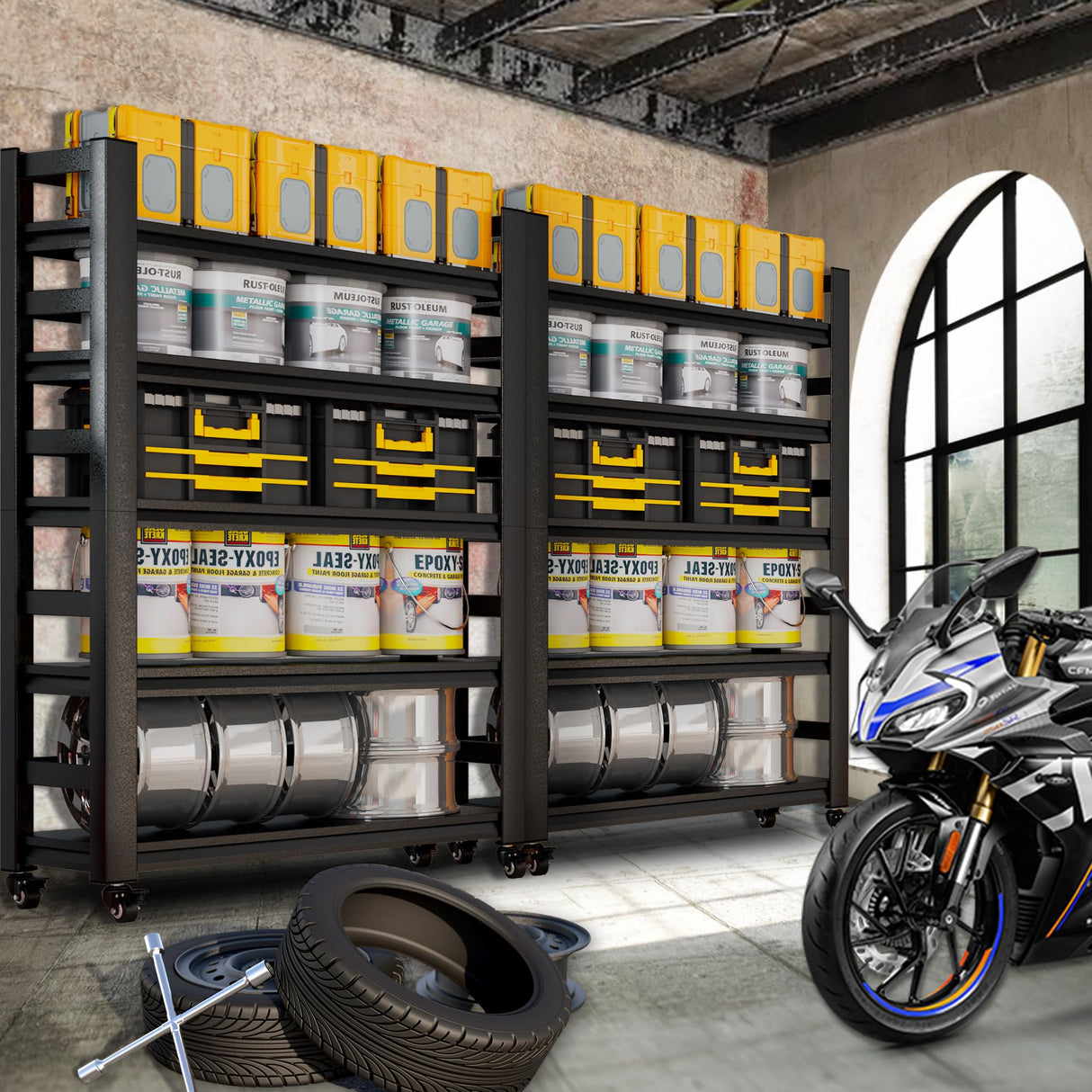 SFTORMAS 72" H Garage Shelving with Wheels Heavy Duty Storage Shelves Adjustable 5 Tier Metal Shelves for Garage Warehouse Basement Industrial Utility Racks,Black,72" HX35 WX15.75 D SFTORMAS