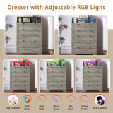 Wodeer Grey Dresser Tall 5 Drawer Dresser for Bedroom, Wood Chest of Drawers with LED Lights, Charging Station, Metal Handles, Modern Storage Cabinet and Organizer Drawers for Living Room, Hallway Wodeer