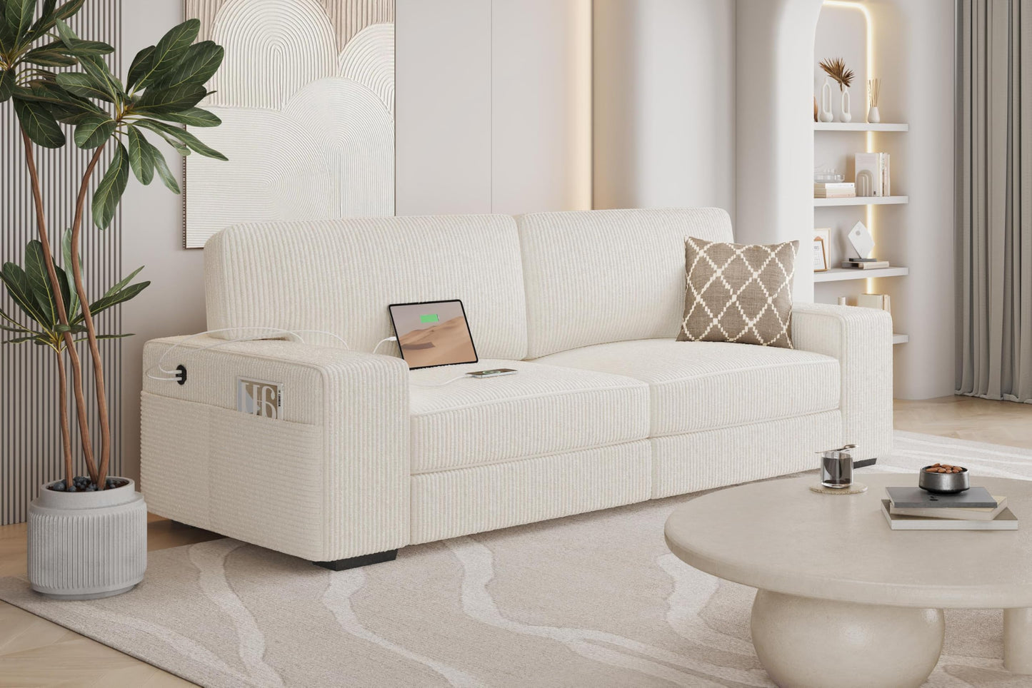 Yaheetech 83.5" W Modern Sofa Couch 2 Seater Corduroy Fabric Sofa with USB Charging Ports & Side Storage Pockets for Living Room Apartment, Ivory