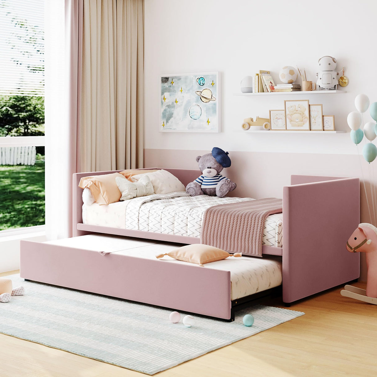 Harper & Bright Designs Upholstered Daybed with Pop up Trundle, Twin Size Daybed Frame with Extendable Trundle, Tufted Sofa Bed with Wood Slat Support for Bedroom, Living Room (Pink) Harper & Bright Designs