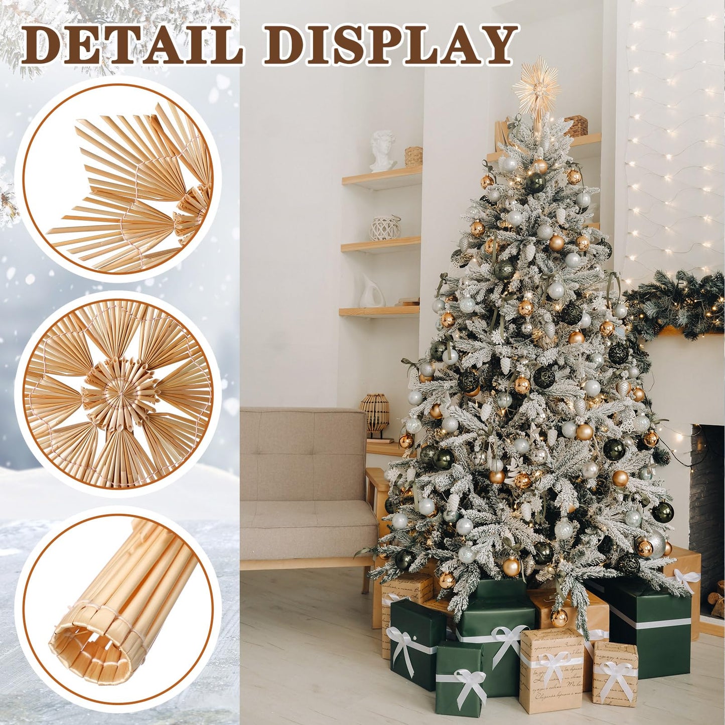 Lineshading Christmas Straw Star Snowflake Tree Topper Straw Ornaments 10 x 12 Inch Swedish Style Nordic Tree Topper for Christmas Tree Office Home Indoor Desktop Adults Decoration(Classic)