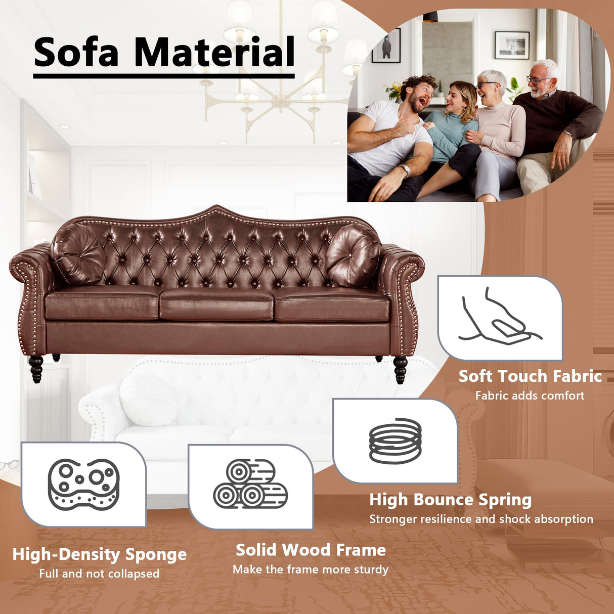 AVZEAR 82" Three Seater Sofa, Chesterfield Sofa, Mid-Century Modern PU Upholstered Sofa, Deep Button Tufted Living Room Sofa with Two Throw Pillows, Brown AVZEAR