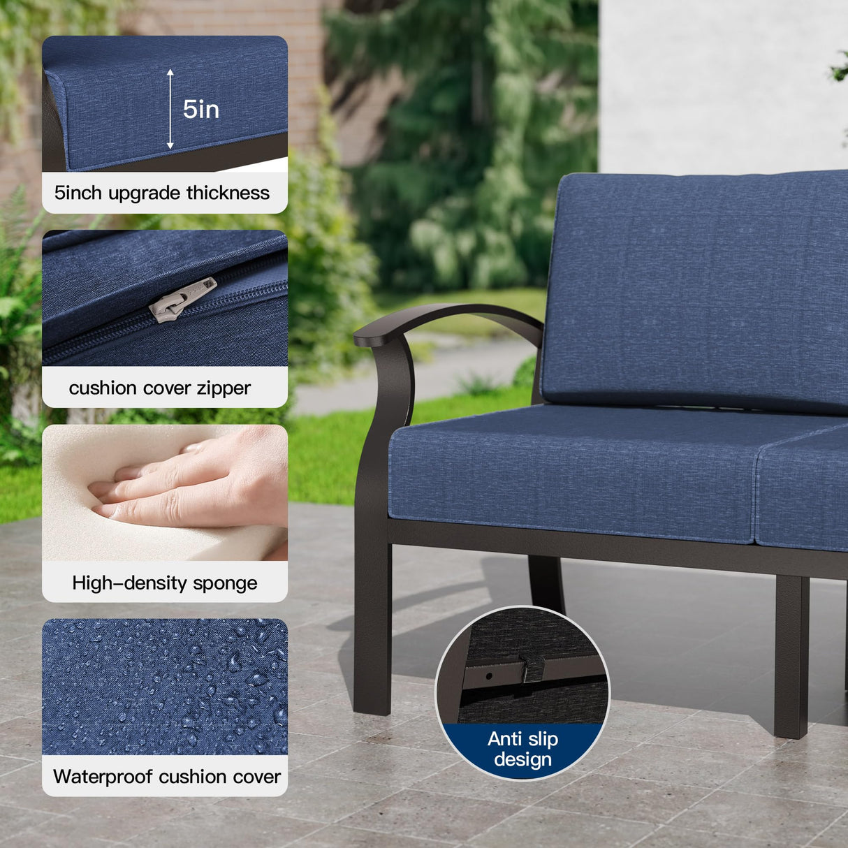 Kullavik Aluminum Patio Furniture Set,6 Pieces 4 Seat Metal Outdoor Furniture Conversation Set w/45 Propane Gas Fire Pit&Swivels,Navy Blue Kullavik