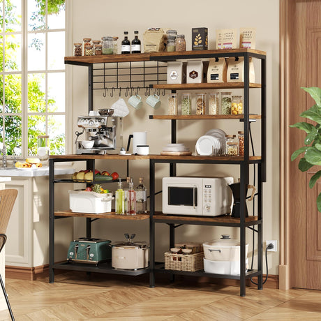 iabifo L-Shaped Bakers Rack with Power Outlet, 6-Tier Microwave Stand with Open Storage, Kitchen Shelf with Hooks, Coffee Bar with Wire Basket, Rustic Brown and Black iabifo