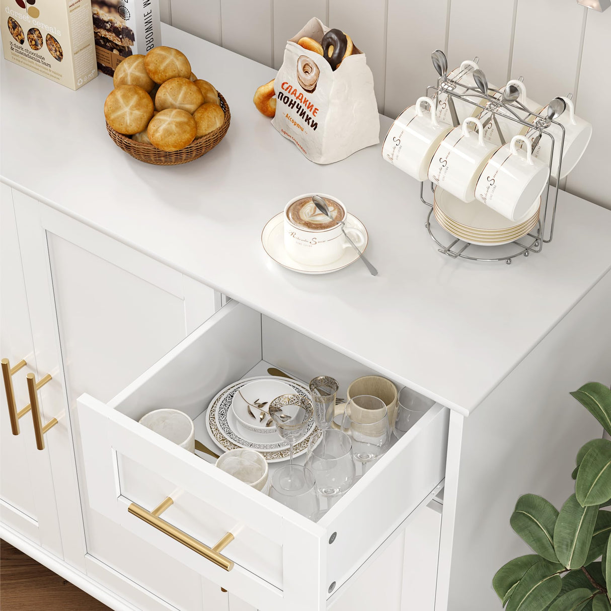 HOSTACK Modern Sideboard Buffet Cabinet with Storage, 55" Large Kitchen Buffet Storage Cabinet with Drawers and Shelves, Wood Coffee Bar Cabinet with Gold Handles for Dining Room, Living Room, White HOSTACK