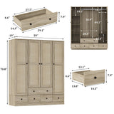 WOODTIME Rattan Armoire Wardrobe Closet with 7 Shelves, 5 Drawers & Hanging Bars, 59" L Wooden Wardrobe Clothes Storage Cabinet for Bedroom, Guest Room, Brown WOODTIME