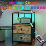 Tohomeor Nightstand with Charging Station USB Outlet and LED Light End Table Dresser with 2 Fabric Drawers Open Storage Shelf for Bedroom Living Room Sofa Beside (1, Multi) Tohomeor