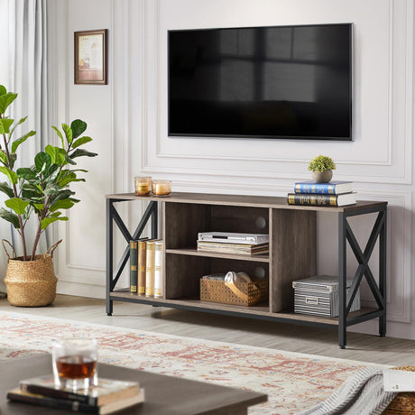 Yaheetech TV Stand for 65 Inch TV, 55'' Wide Entertainment Center TV Console with Open Storage Shelves for Living Room, TV Table for Home with Metal Support, Taupe Wood Yaheetech