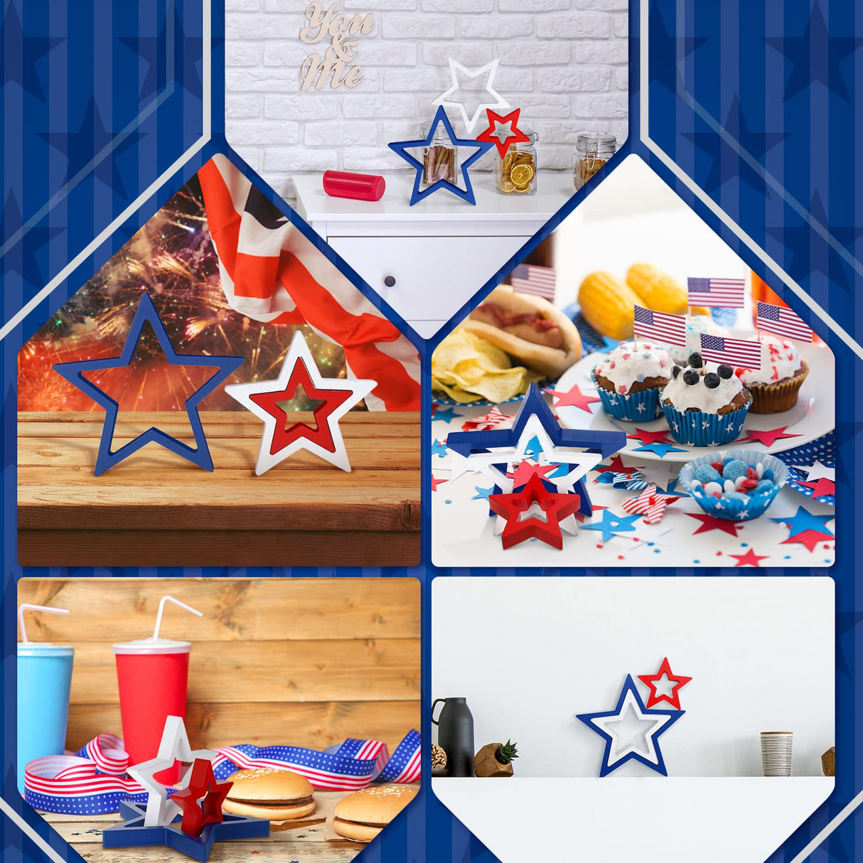 Blulu 3 Pieces Patriotic Decoration Wooden Star Sign Memorial Day Table Decor 4th of July Centerpiece Star Independence Day Tiered Tray Decor for Table Home (White,Blue,Red) Blulu