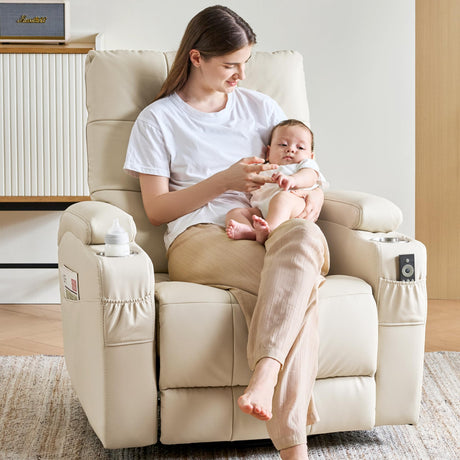 AIRSKY Leather Recliner Chair, Swivel Rocker Recliner Chair, Rocking Chair Nursery, Glider Rocking Chair with Thick Cushion, Oversize Glider Rocking Chair, Nursery Chair with High Back, R2, Beige AIRSKY