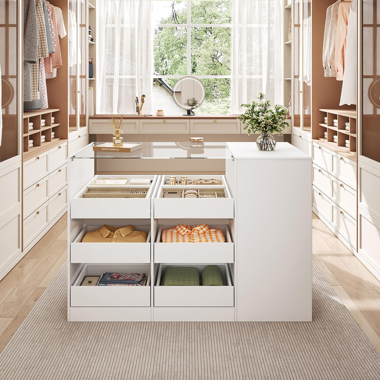 LIVAUVEAD Closet Island with Drawers, Wardrobe Armoire Bedroom Island, Glass Display Shelf & 15 Drawers, White Dresser with Glass Top, Walk-in Closet Island for Bedroom, Cloakroom LIVAUVEAD