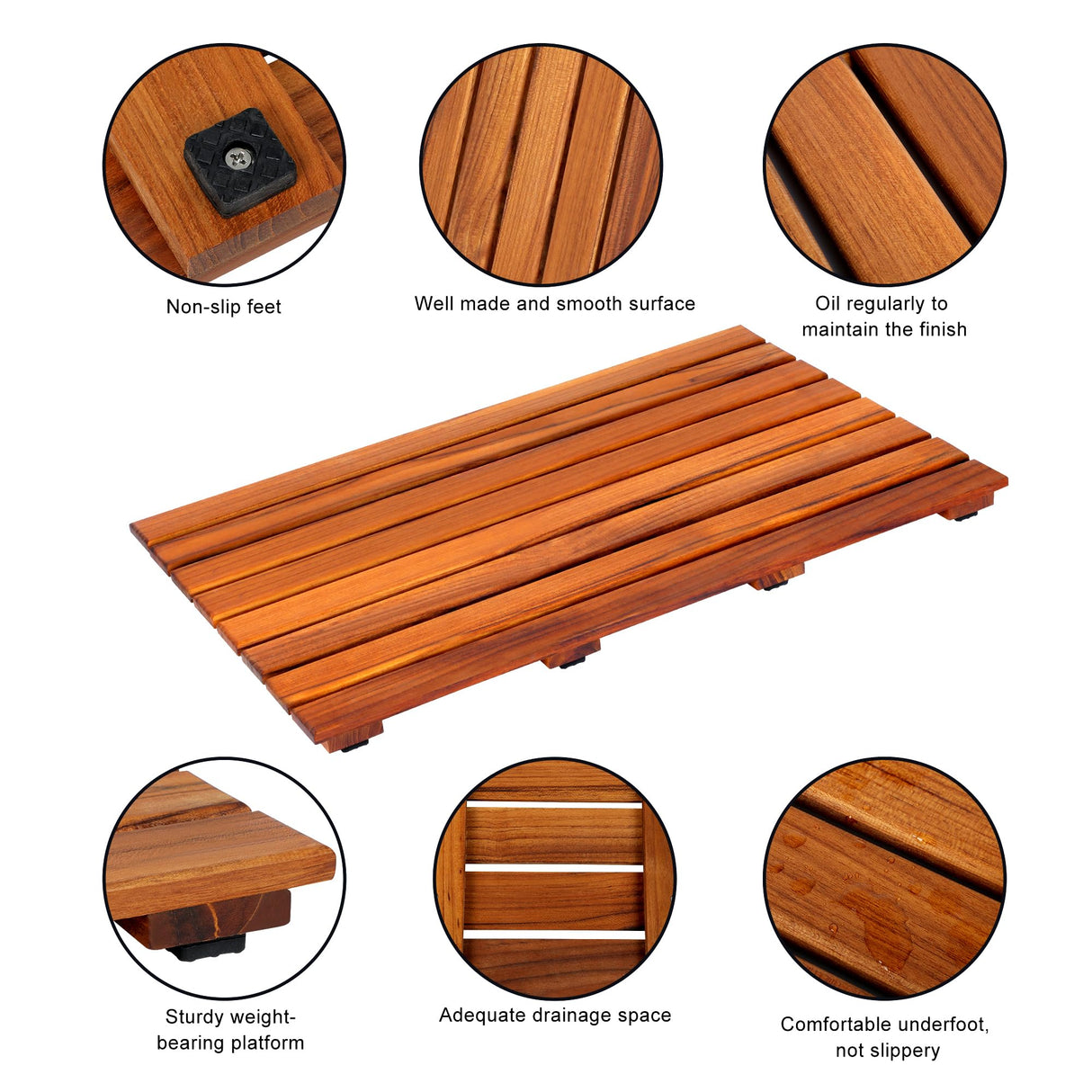 VaeFae Teak Shower Mat, Non-Slip Bath Mat, Luxury Spa Mat, Wooden Mat for Bathtub (Large) VaeFae
