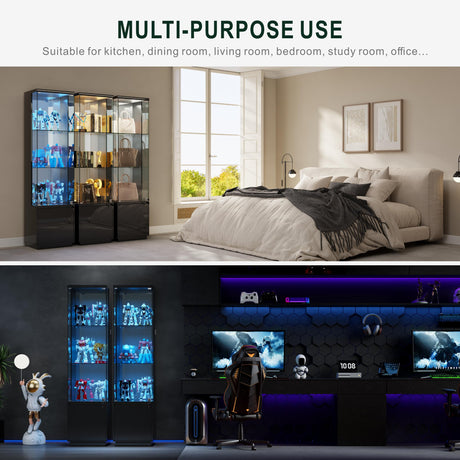 Lvifur Lockable Curio Display Cabinet with Glass Door,65" Lighted Curio Cabinet with 3 Color Lights for Collectibles,3-Tier Glass Display Case with Human Body Sensor for Living Room,Black Lvifur