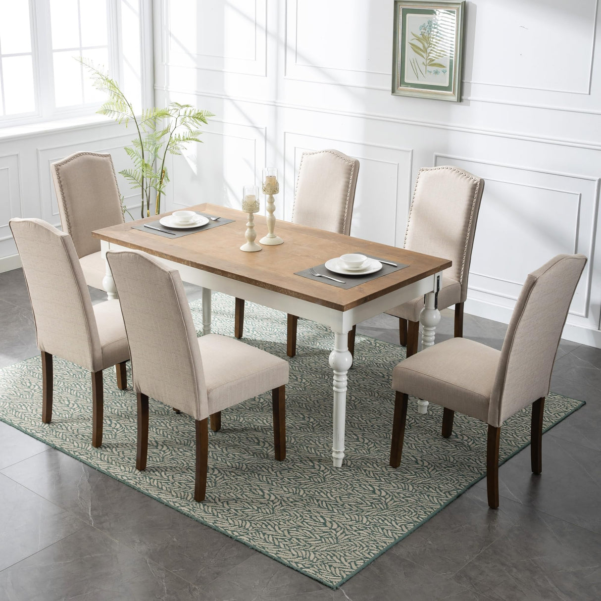 Snugway Stylish Upholstered Parsons Dining Chair with Nailhead Trim and Sturdy Solid Wood Legs, Beige, 6 Pcs Snugway