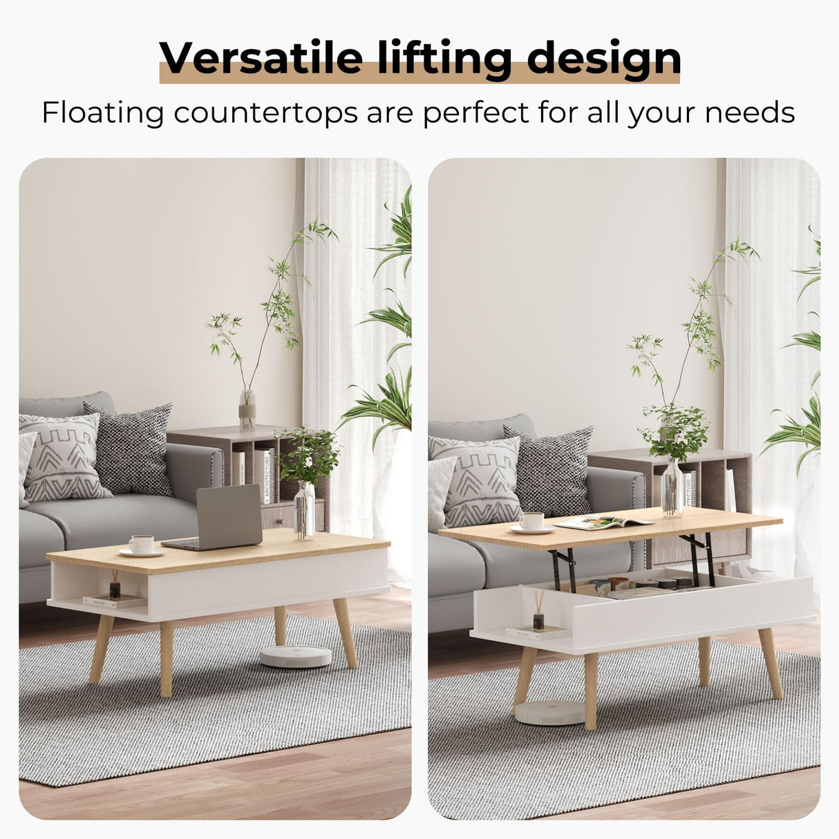 VYRIVA Lift Top Coffee Table, One Minute No Assembly Required Rising Tabletop Center Table with Large Hidden Storage Compartment, Open Shelf, Anti-Pinch Design Mute for Living Room (Oak) VYRIVA