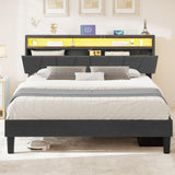 YITAHOME Queen Size Bed Frame, LED Bed Frame with Storage Upholstered Headboard, Platform Bed with Outlet & USB Ports, No Box Spring Needed, Easy Assembly, Grey YITAHOME