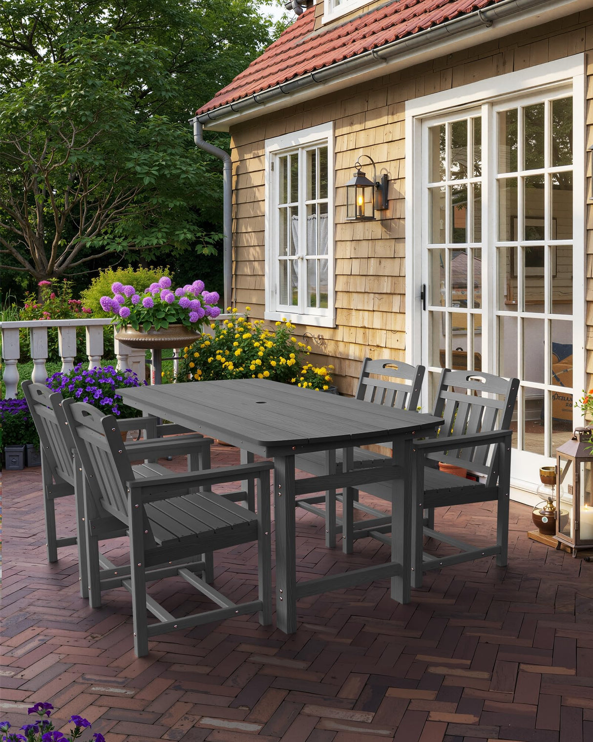 SUUNYN HDPE Outdoor Patio Dining Set with Table & 4 Chairs, All-Weather 5-Piece Outdoor Table and Chairs, 2" Umbrella Hole, Patio Furniture for Garden, Backyard, Deck | Grey SUUNYN