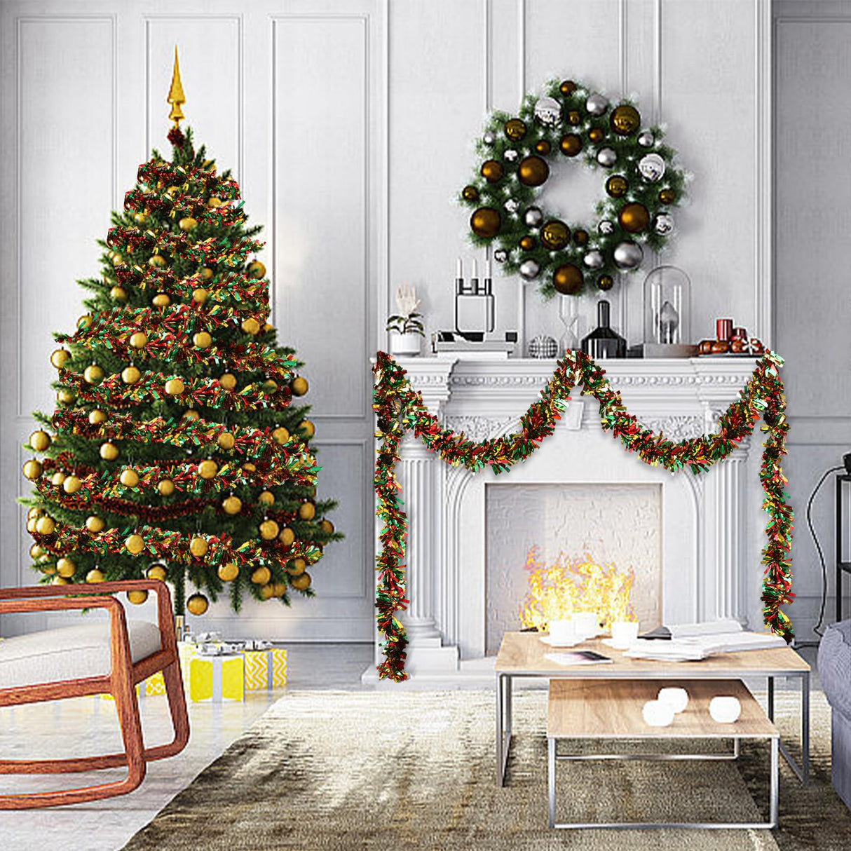 VESPRO 59 Feet Metallic Christmas Tree Garland Glitter Tinsel Twist Hanging for Indoor Outdoor Party Decorations (Red Green Gold) VESPRO