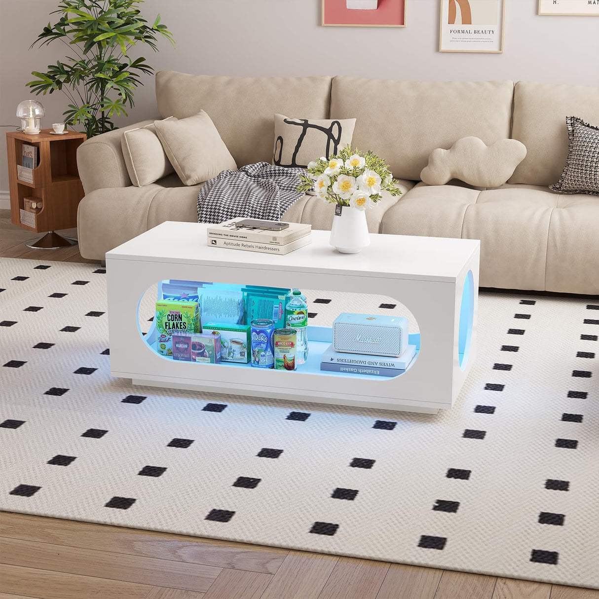 HedoAjim 43" White Led Coffee Table for Living Room, Modern Living Room Table Rectangular Contemporary Center Table with Storage, Wooden Coffee Tables with LED Lights for Dining Reception Room HedoAjim