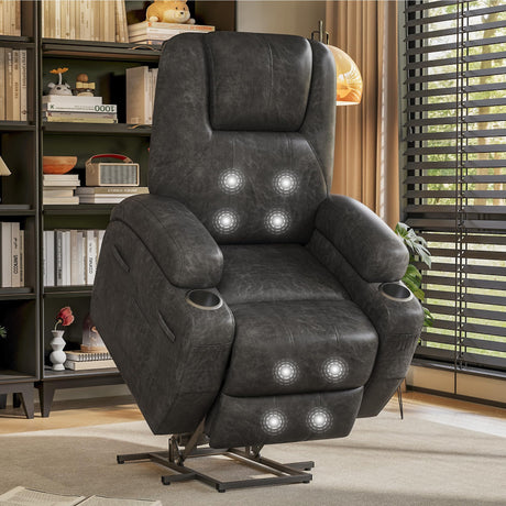 Electric Power Lift Recliner Chair with Massage for Elderly Corduroy Fabric Recliner Single Sofa with Cup Holders, Side Pockets and Remote Control for Living Room Bedroom (Leathaire, Dark Gray) Furmax