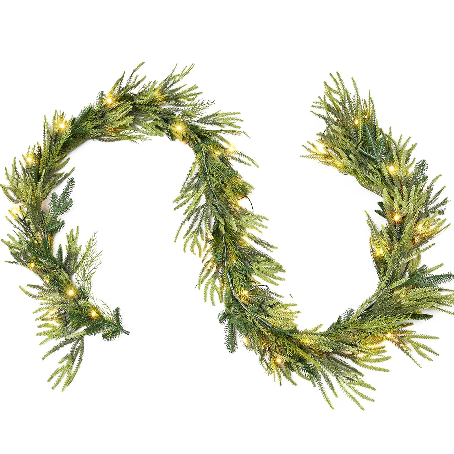 EXKRAEFT Christmas Pine Garland with Lights for Decorations 9FT Artificial Norfolk Pine Garland Realistic, Prelit Garland Lighted Christmas Garland for Mantle Christmas Garland Battery Operated