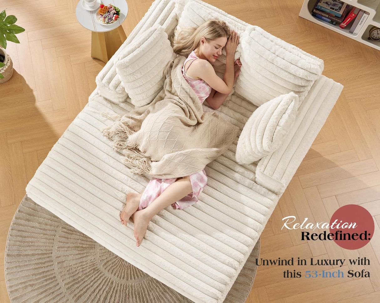 VanAcc 53 Inch Chaise Lounge Indoor, Upholstered Sofa Bed with Throw Pillows and Armrests, Sleeper Chair- Plush Chair Bed for Living Room, Off-White VanAcc