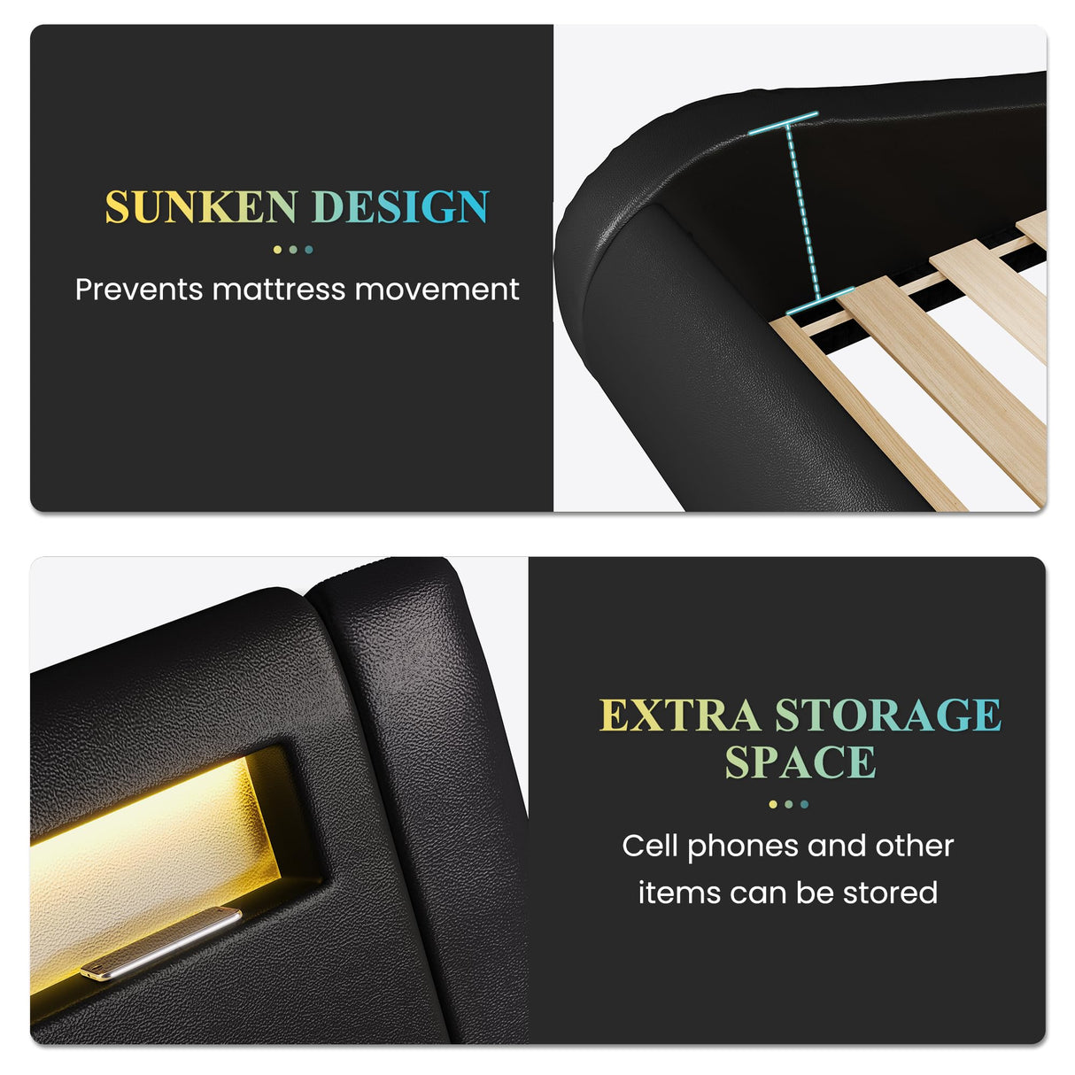 Deluxe Black Upholstered LED King Bed Frame with Adjustable Headboard and Sleigh Design SHA CERLIN