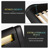 Deluxe Black Upholstered LED King Bed Frame with Adjustable Headboard and Sleigh Design SHA CERLIN