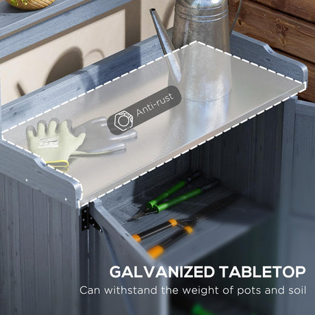 Outsunny Potting Bench, Outdoor Wooden Potting Table with Storage Cabinet with 2 Shelves, Garden Work Bench with Galvanized Plated Tabletop for Backyard, Balcony, Gray Outsunny