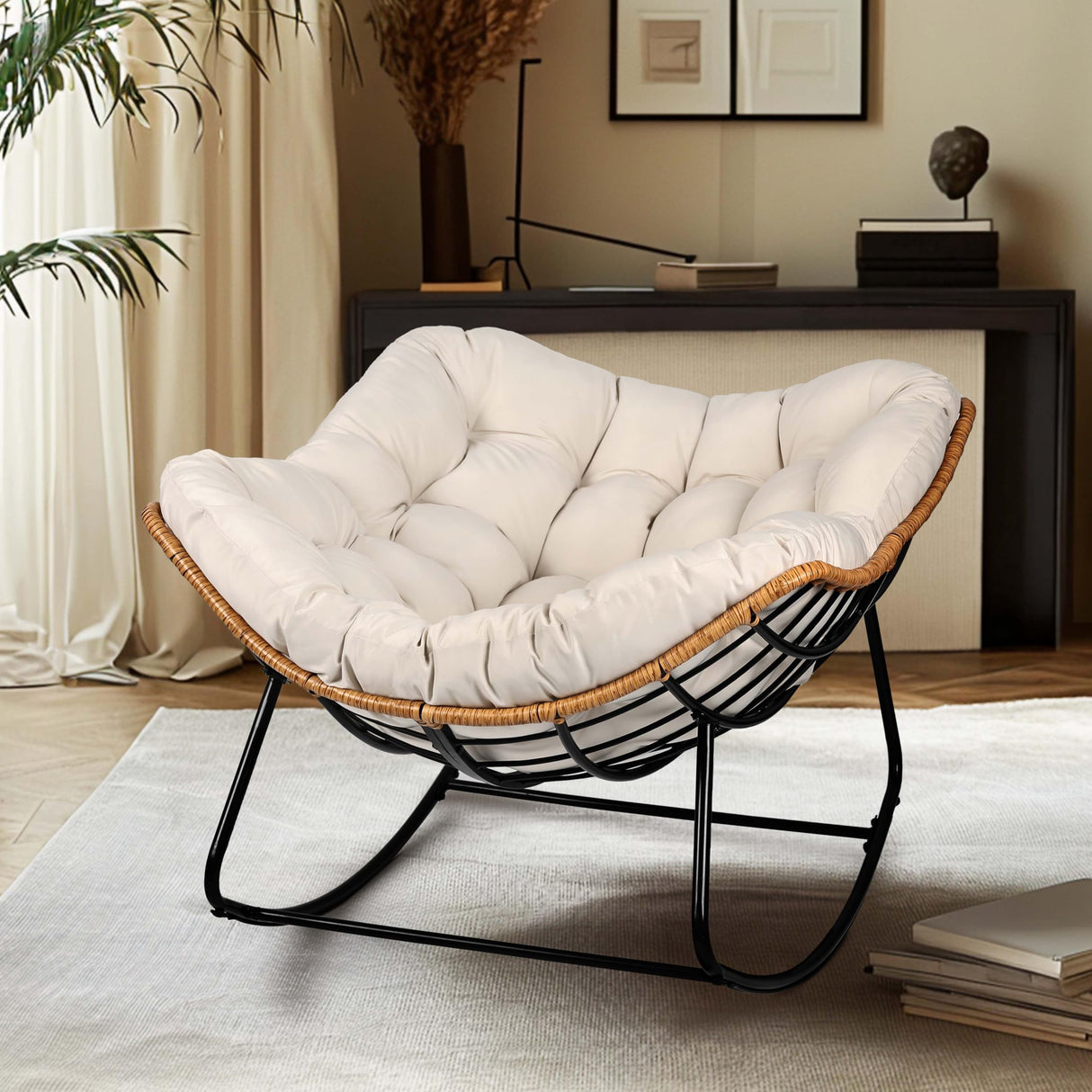 knocetx Rocking Egg Chair, Outdoor Rocking Chair with Thick Cushion, Modern Indoor Outdoor Papasan Rocking Chair, Lounge Rocker for Balcony, Living Room, Bedroom, Porch, Patio, Lawn, Garden (Ivory) knocetx