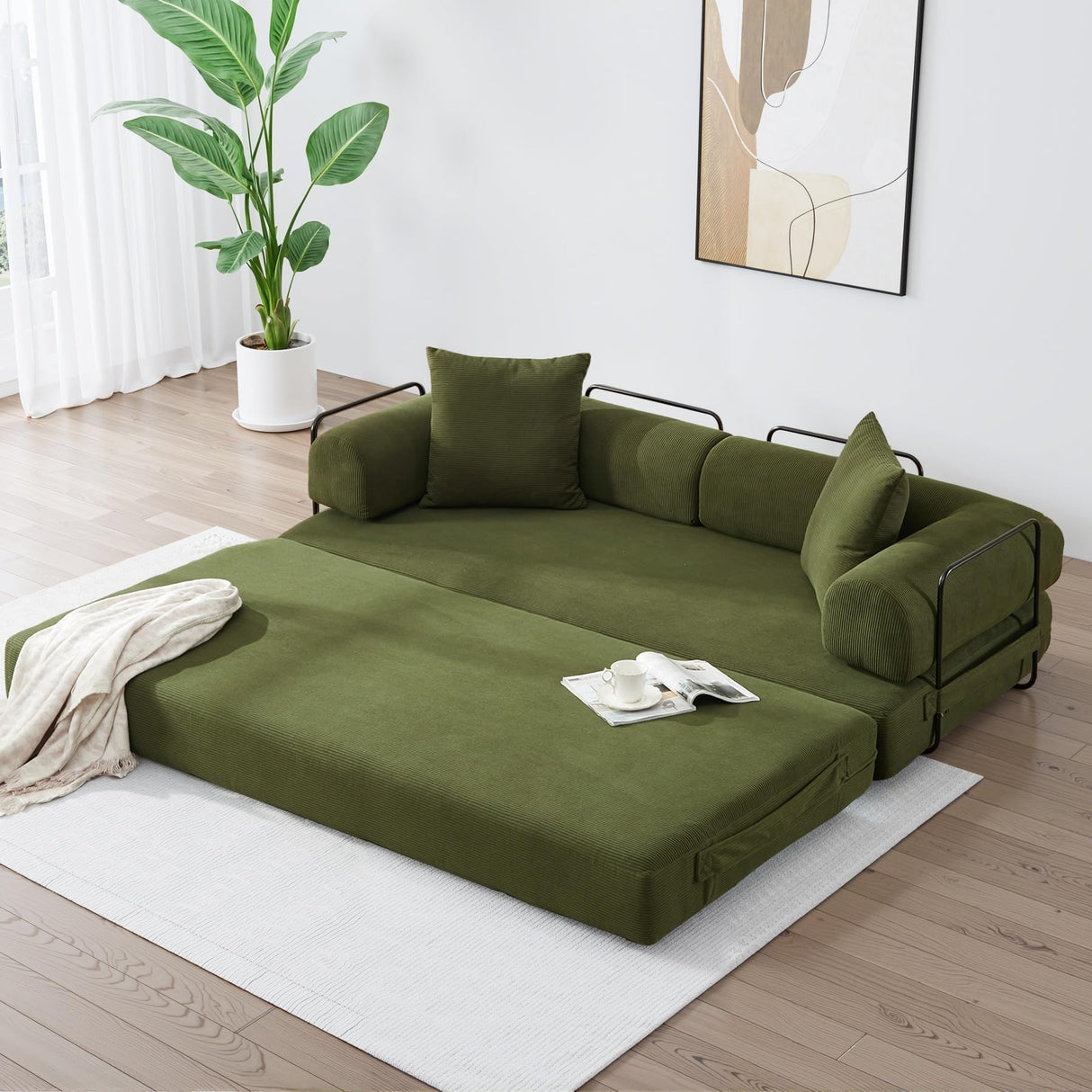 ZEIINPA Convertible Sleeper Sofa Bed with Cylindrical Pillow, Corduroy Folding Mattress Couch with Fixed-Shape Frame, Floor Sofa Lounge Couch for Living Room Bedroom Lounge Studio-Green ZEIINPA