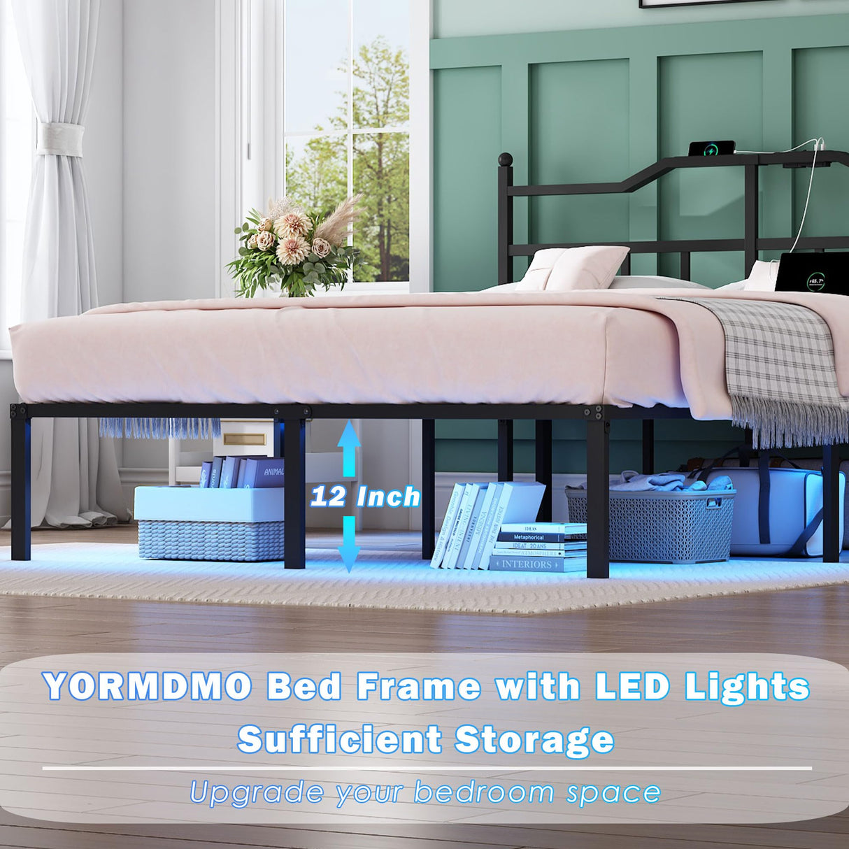 YORMDMO King Bed Frame with LED Lights, 14 inch Metal Bedframe with Headboard, Outlets & USB, Heavy Duty Basic Steel Slats Platform, Noise Free, No Box Spring Needed YORMDMO