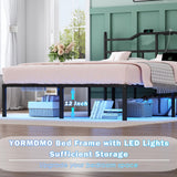YORMDMO King Bed Frame with LED Lights, 14 inch Metal Bedframe with Headboard, Outlets & USB, Heavy Duty Basic Steel Slats Platform, Noise Free, No Box Spring Needed YORMDMO