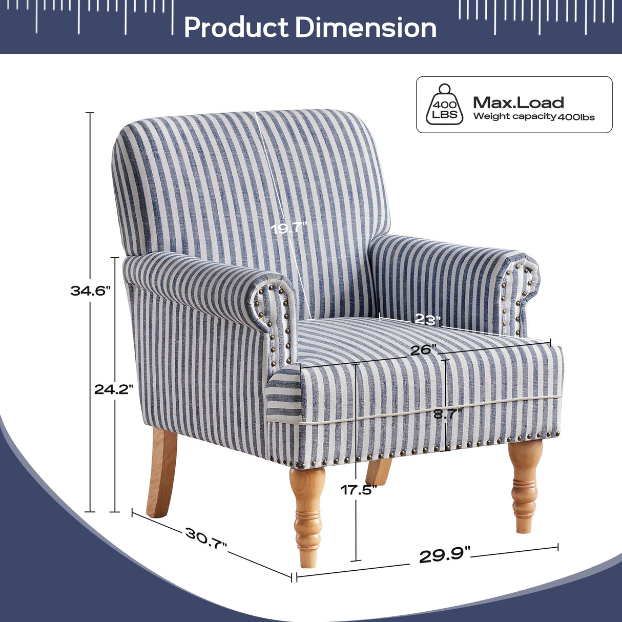 HUIMO Linen Fabric Accent Chairs Set of 2, Mid-Century Modern Armchair with Solid Wood Legs, Single Sofa Chair,Upholstered Reading Club Chair (2, Dark Blue and White Stripe) HUIMO