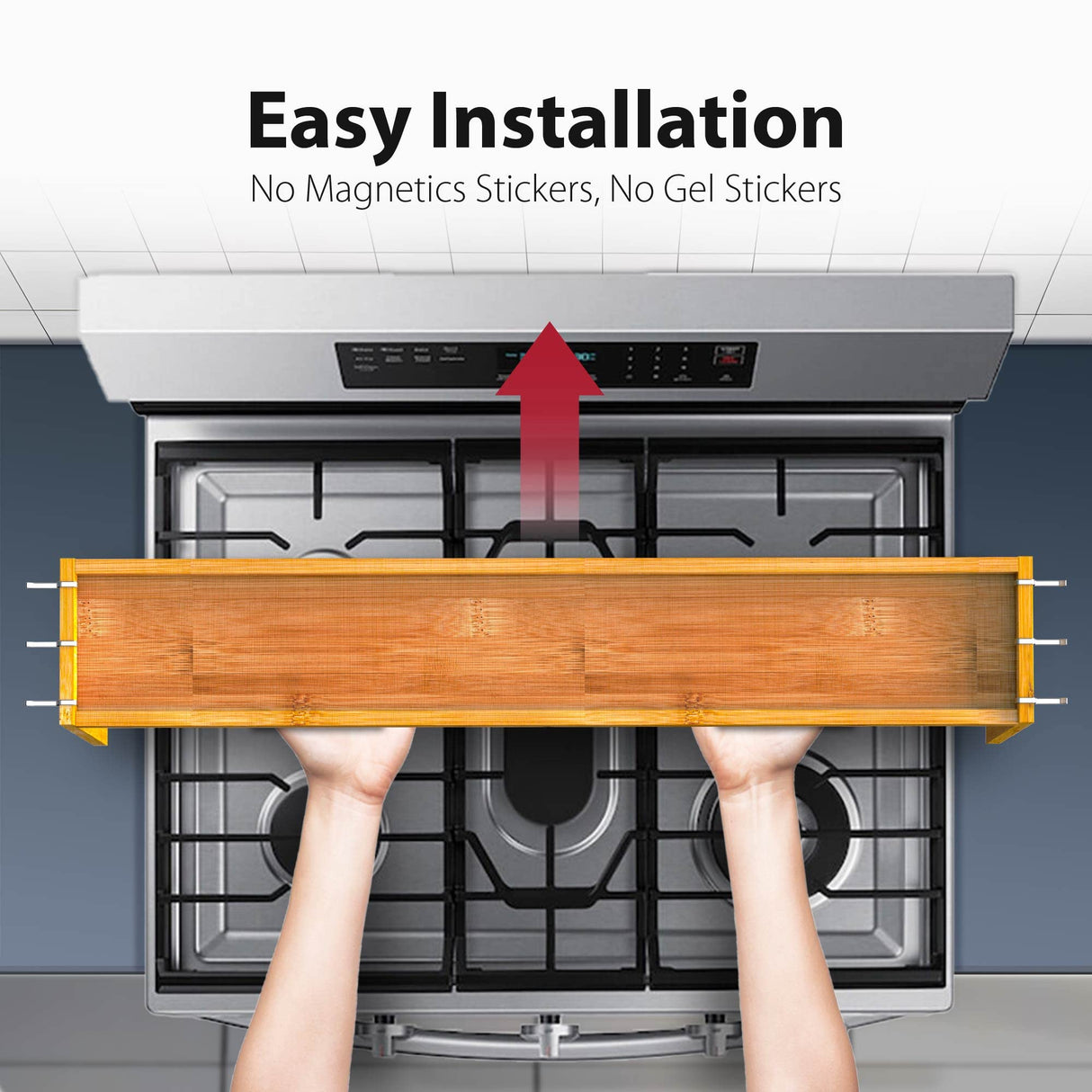 IIIOIIIA Bamboo Over the Stove Spice Shelf for Kitchen, 31.5" Spice Rack Organizer Shelf with 6 hooks, 11.4" Height Extra Storage Countertop, Easy to Assemble IIIOIIIA