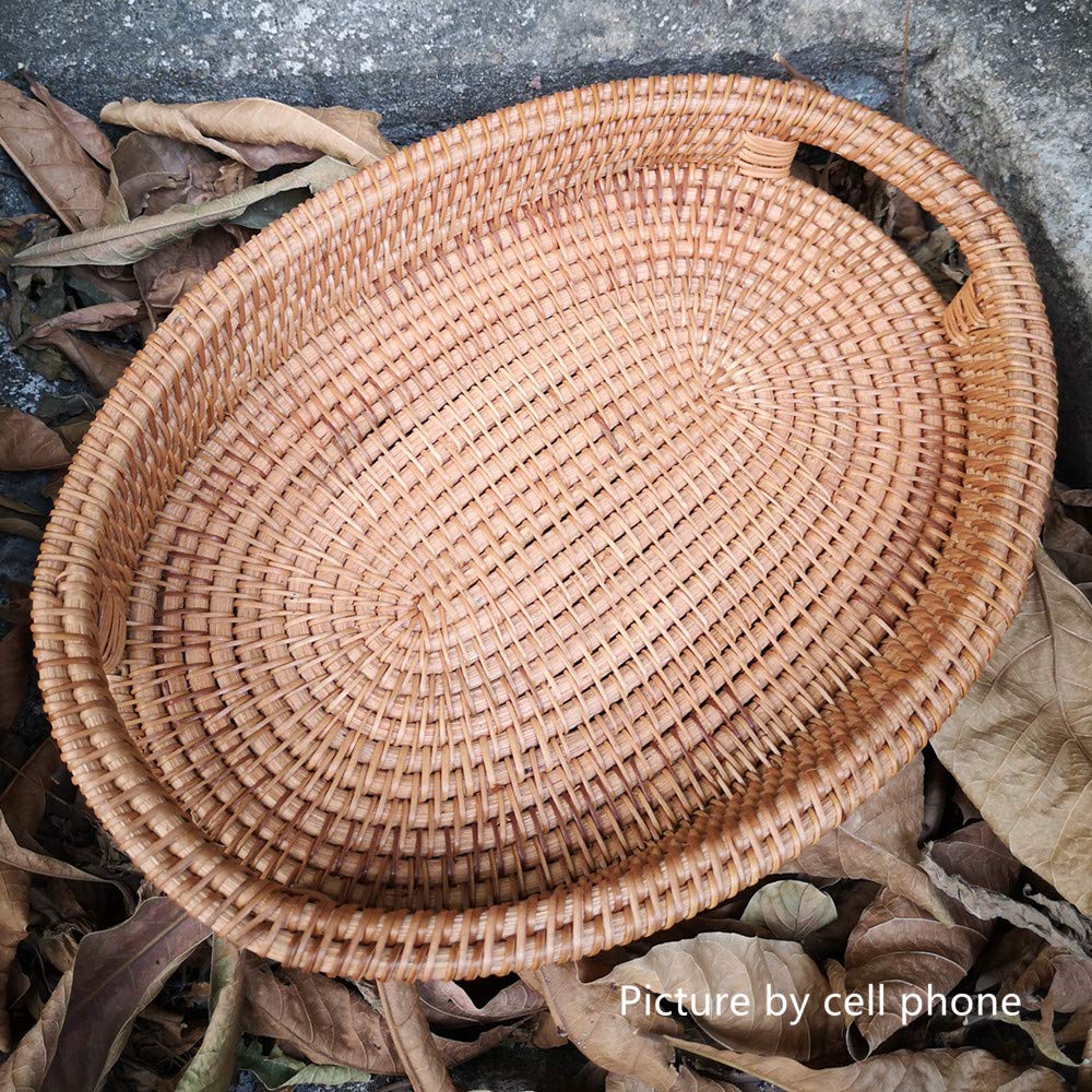 Small Handmade Rattan Basket, Oval Wicker Bowl, Rustic Serving Tray with Handles, Fruit Bowls, Table Organizers Storage Dish for Food, Catering, Catchall, Brown, S, 12.6 Inch amololo