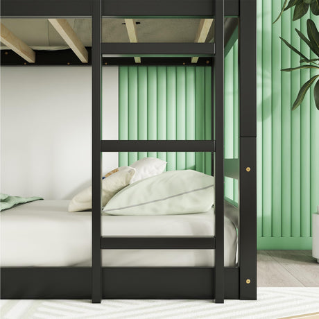 Hommoo Triple Bunk Bed Twin Over Twin Over Twin Wood Bed Frame Convertible Loft Bed for 3 Teens Adults with Ladder and Guardrail for Small Space Bedroom Dorm Black Hommoo