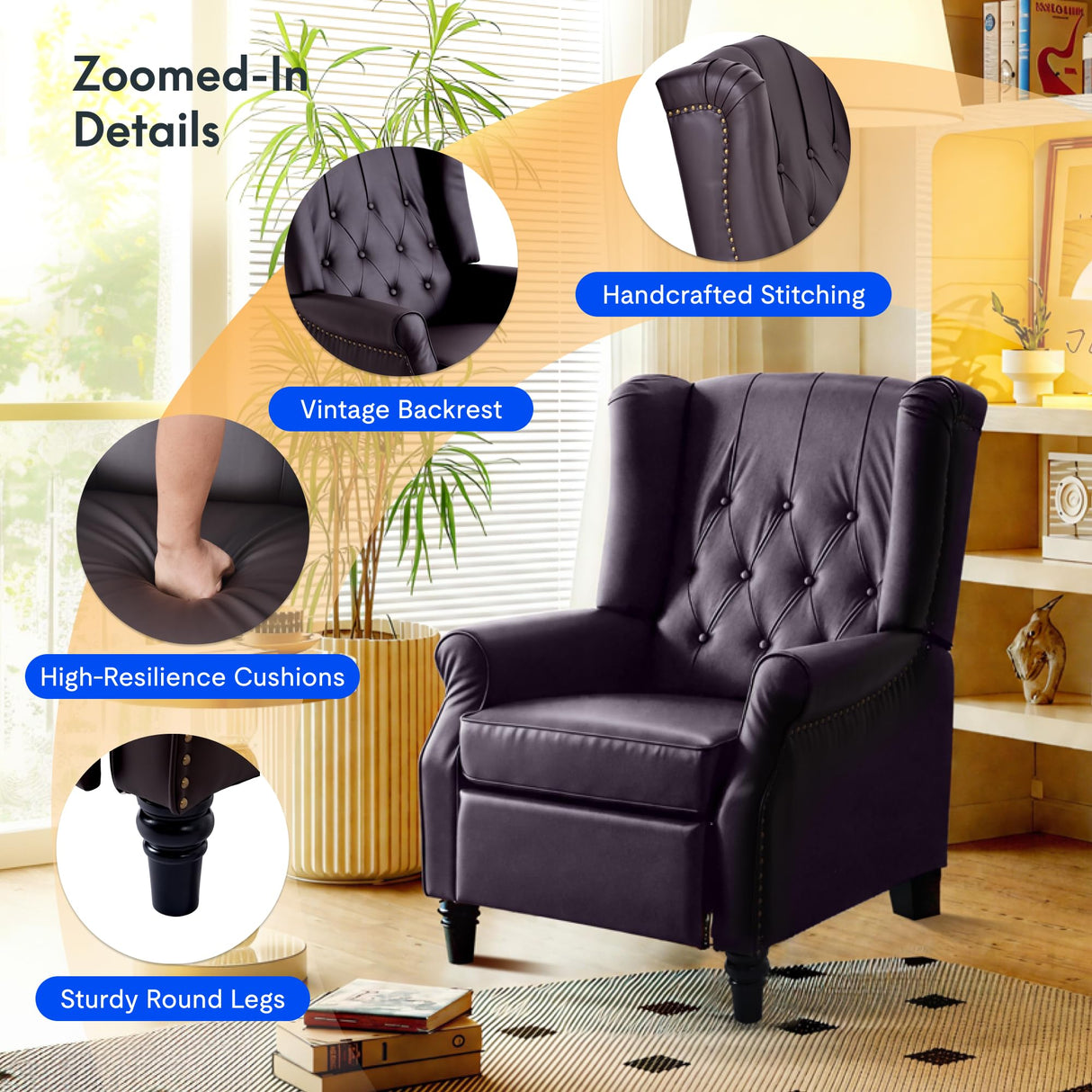 FLEXISPOT XC5 Pushback Recliner Chair for Adults, Mid Century Wingback Accent Chair with Rivet Decoration, Tufted Upholstered Single Sofa Armchair for Living Room, Bedroom, Study (Fabric, White) FLEXISPOT