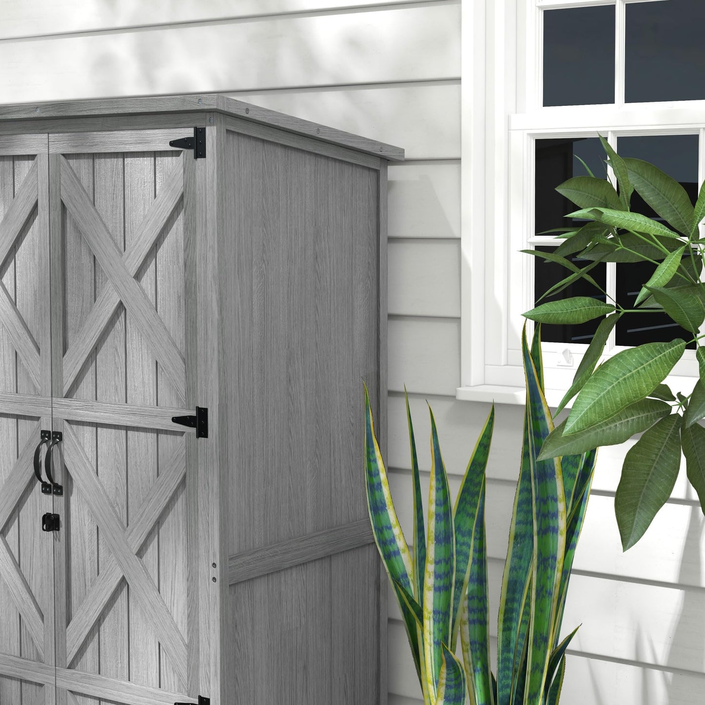 Outsunny Wooden Garden Shed, Outdoor Storage Cabinet with Waterproof Asphalt Roof, Narrow Tool Shed with Shelves and Lockable Doors, Gray - WoodArtSupply