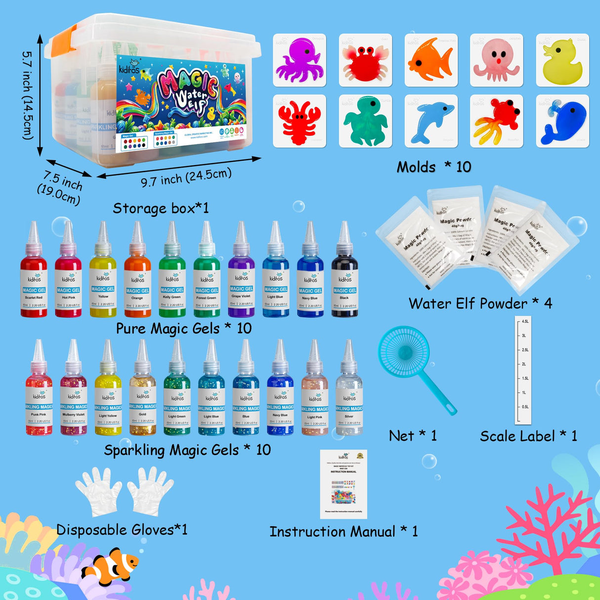 Kiditos Magic Water Elf Toy Kit, Aqua Fairy Water Gel Kit with 20 Magic Gels, 10 Sea Creature Molds. Christmas Gifts, Birthday Gifts, Party Favors, Arts & Crafts DIY STEM for Kids(20 Colors) Kiditos