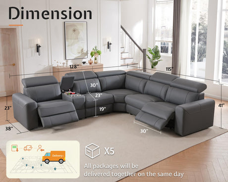 AMERLIFE Power Recliner Sofa, Electric Reclining Sofa with Console & Dual Recliner, Leather Sectional Couch for Living Room, Grey AMERLIFE