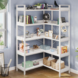 Rolanstar Bookshelf 5 Tier with 4 Hooks, Reversible Corner Bookshelf, 65" Industrial Wooden Bookcase with Open Shelves and Metal Frame for Living Room, Bedroom, Home Office, White Rolanstar
