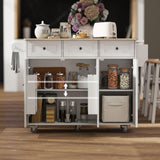 HOMCOM Rolling Kitchen Island with Power Outlet and Drop Leaf, 53" Island Table with Wood Top, 3 Drawers, Adjustable Shelf, Spice & Towel Rack, Kitchen Cart on Wheels, White HOMCOM