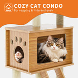55'' Wood Cat Tree Modern Multi-Level Cat Tree Tower for Indoor Small & Large Cats with 2 Space Capsules Sisal Scratching Post Wooden Cat Condo Plush Top Perch and Dangling Toy Balls OUTGOODS