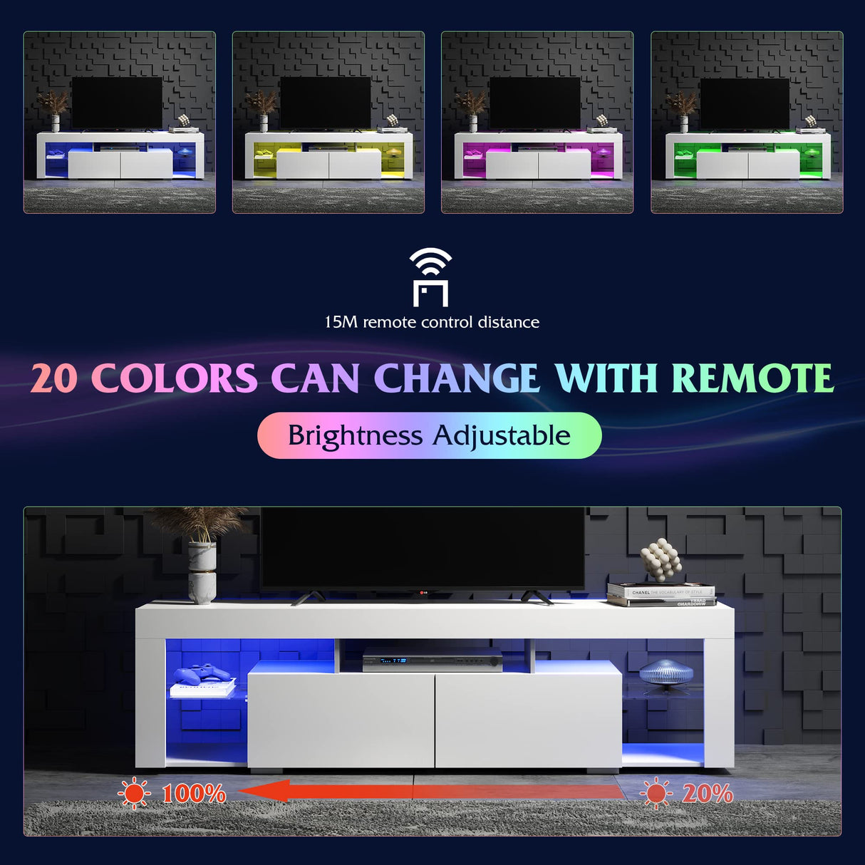 WLIVE LED TV Stand for 55/60/65/70 Inch TV, Modern Entertainment Center with Open Shelves, Wood TV Console with 2 Storage Drawers for Bedroom, Living Room, Gaming Media Stand with Display Glass, White WLIVE