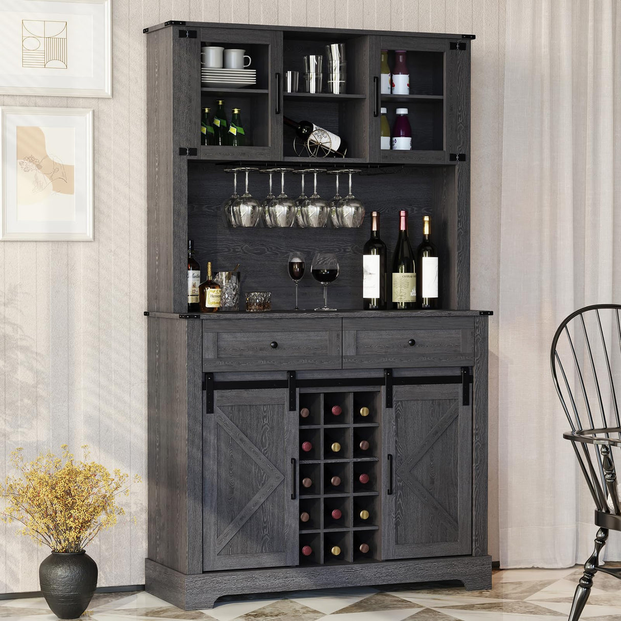 ARTPOWER Wine Bar Cabinet with Sliding Barn Door, 72" Hutch Cabinet with Wine&Glasses Rack, Tall Farmhouse Kitchen Pantry Buffet with Drawers for Dining Room, Gray ARTPOWER