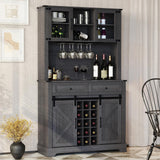 ARTPOWER Wine Bar Cabinet with Sliding Barn Door, 72" Hutch Cabinet with Wine&Glasses Rack, Tall Farmhouse Kitchen Pantry Buffet with Drawers for Dining Room, Gray ARTPOWER