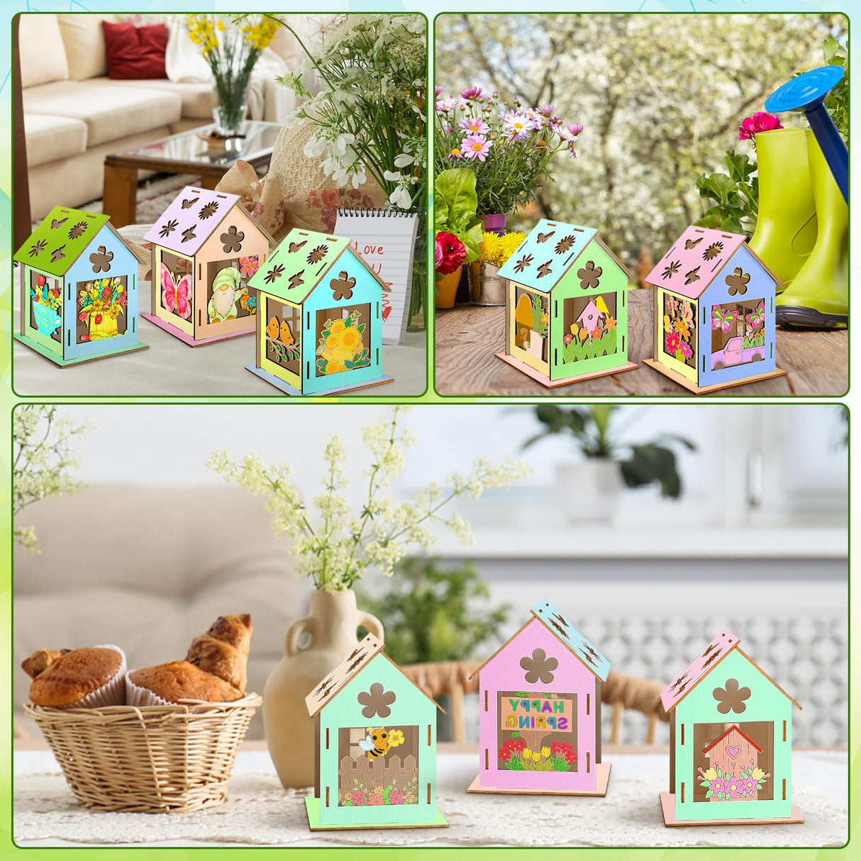 Cinnvoice 12 Sets Spring House Craft Kit to Paint DIY Birdhouse Kit Painting Puzzle Spring Wooden Houses Village Scene Festival Wood Craft House Decors for Table Centerpieces Home Cinnvoice